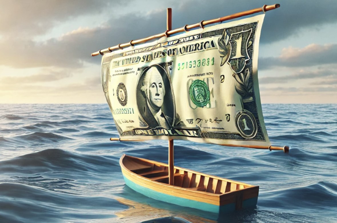 Boat with a dollar bill as the sail navigating the ocean
